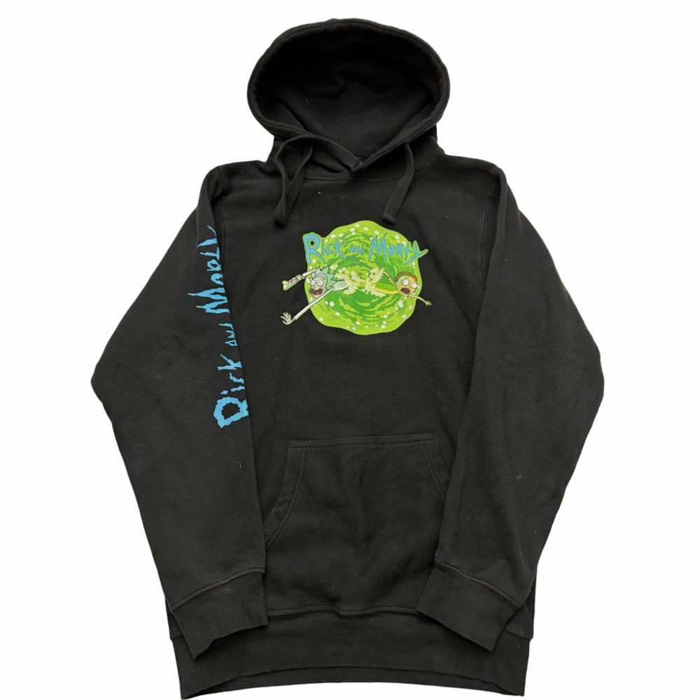 Rick & Morty Black Graphic Hoodie Green Blue Accents Unisex Men Small Cartoons